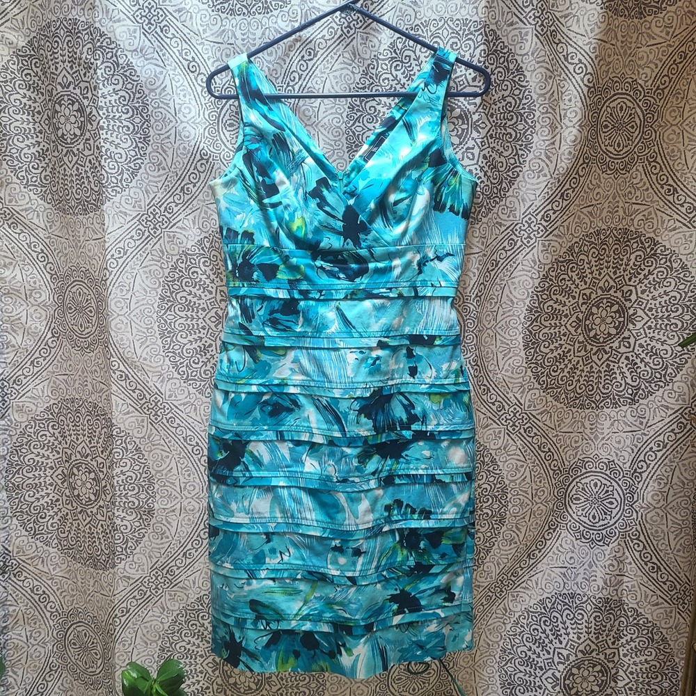 American Living Sheath Dress Women 4 Blue Excellent Floral Tiered Ruffle V-Neck